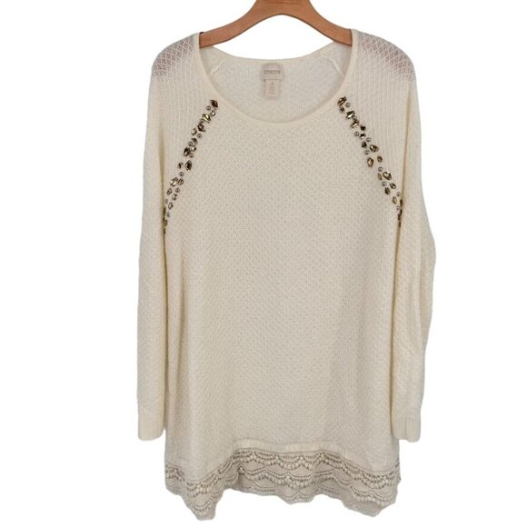 Chicos 4 Womens Size 2x rhinestone Embellished Knit Sweater Ivory lace hem - Picture 2 of 11